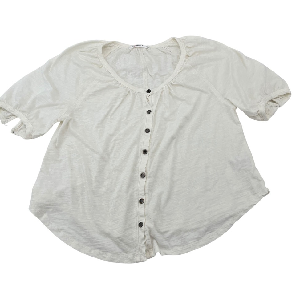 89th & Madison White Slub Knit‎ Button Front Puff Sleeve Top Small Cotton 5033